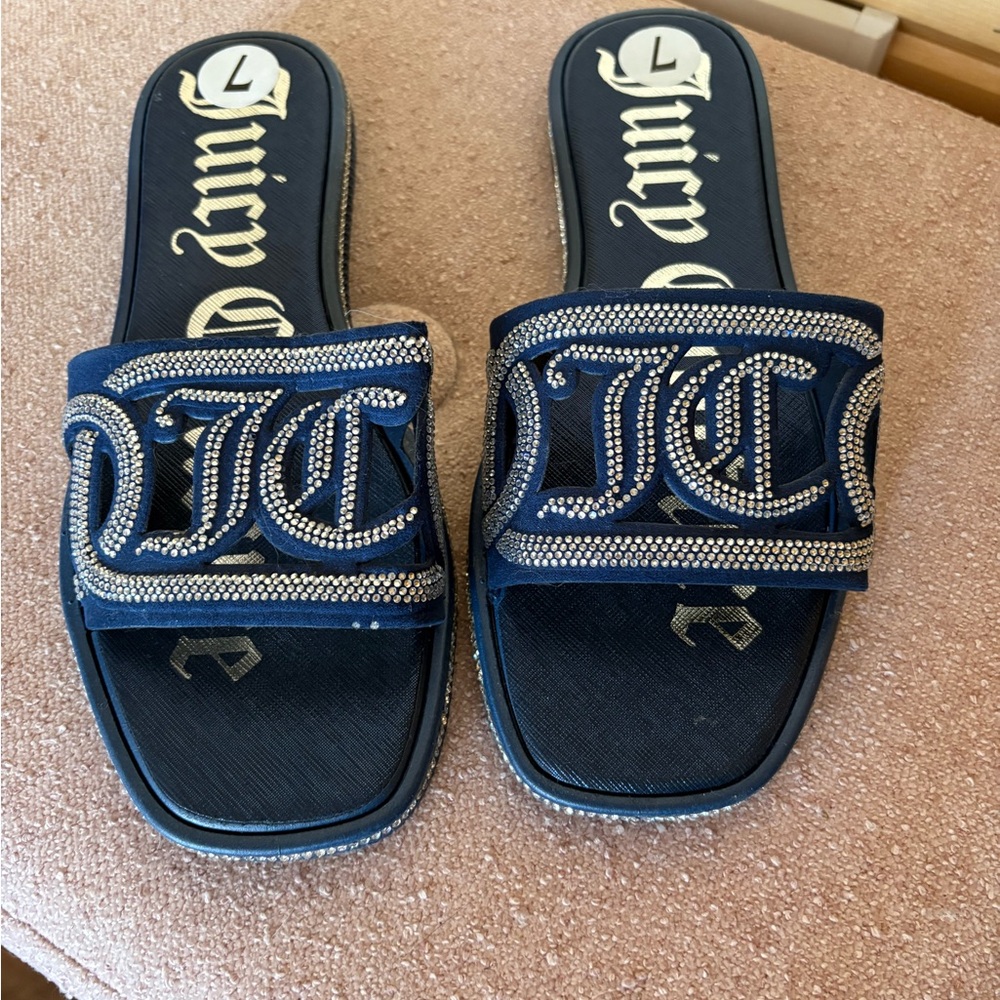 Juicy Couture Navy Crystal Logo Slide Sandals